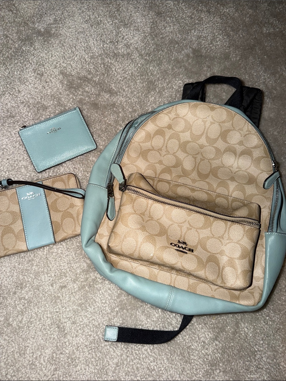 Coach Beige Signature Canvas Backpack with Blue Trim and Wallets